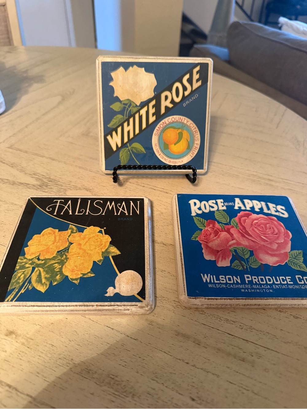 Vintage reproduction wood wall art - White Rose, Talisman, Rose Apples